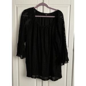 GNW Woman’s Plus Size 3X Black Overlay Lace Floral Blouse  Bell Sleeves NWT